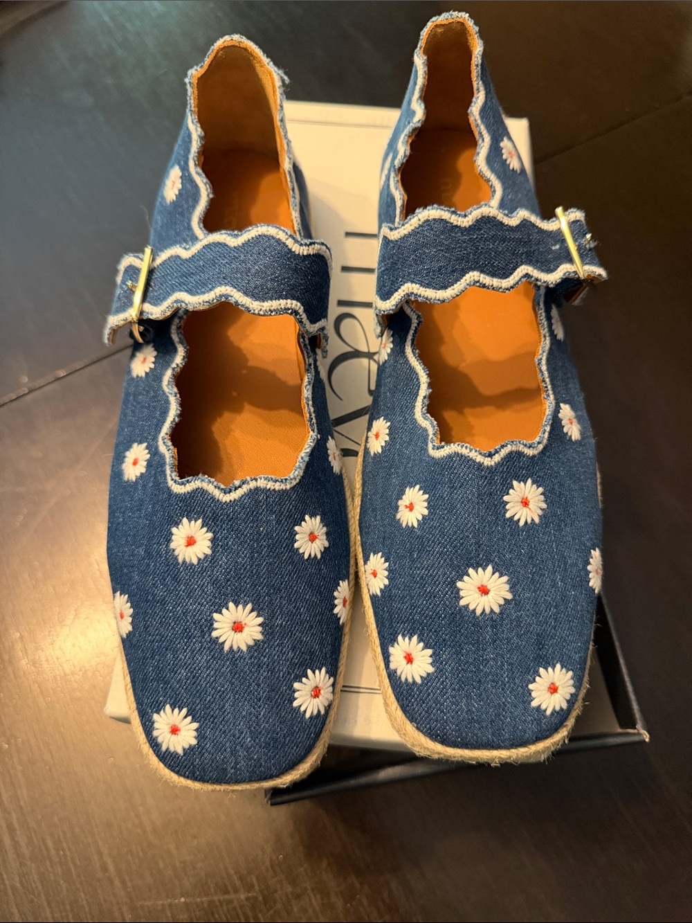 Anthropologie Denim Daisy Mary Jane Flats - Blue with White Flowers